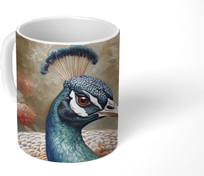 Mok - Koffiemok - Pauw - Vogel - Bloemen - Planten - Pauwenveren - Mokken - 350 ML - Beker - Koffiemokken - Theemok