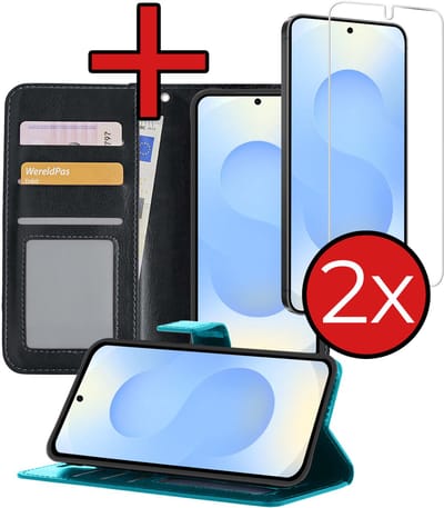Hoesje - Met 2x Screenprotector - Geschikt voor Samsung Galaxy S25 Edge - Luxe Pasjeshouder - Flip Case - Bookcase Portemonee - Kunstleer Book Case - Flipcase Hoes - Book Cover - Walletcase - Portemonneehoes - Telefoonhoes - Zwart