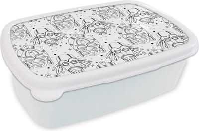 Broodtrommel Wit - Lunchbox - Brooddoos - Inca - Maskers - Patroon - Zwart-wit - 18x12x6 cm - Volwassenen