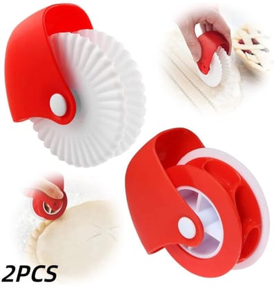 2 stuks-Deegsnijder - Randroller - Deegsnijwiel - Deegrandpers - Bakgereedschap - Geschikt voor taarten, pasta en taartbodems - Rood - Golvend patroon 9,7*8,9*2,1 cm - Gedraaid patroon 10*8,9*2,2 cm