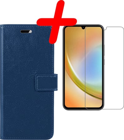 Hoesje Met Screenprotector - Geschikt voor Samsung Galaxy A34 - Luxe Pasjeshouder - Bookcase Portemonee - Flip Case - Kunstleer Book Case - Flipcase - Book Cover - Walletcase - Portemonneehoes - Donkerblauw