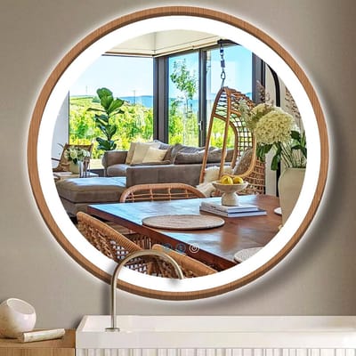 Ronde LED Badkamerspiegel 20 inch Houten Frame Dimbaar Licht Anti-Condensatie