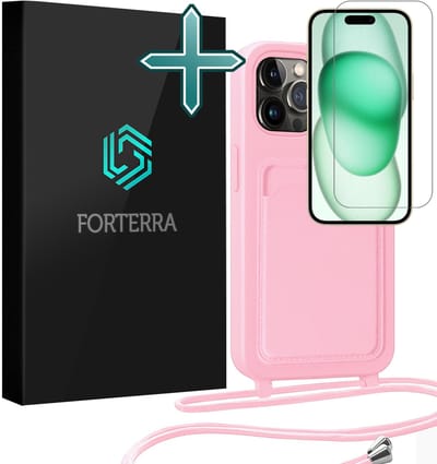 Hoesje Geschikt voor iPhone 14 Pro Pashouder Case Siliconen Hoes Met Koord Met Screenprotector - Hoes Geschikt voor iPhone 14 Pro Met Telefoonkoord Hoesje Back Cover Met Pasjeshouder - Lichtroze