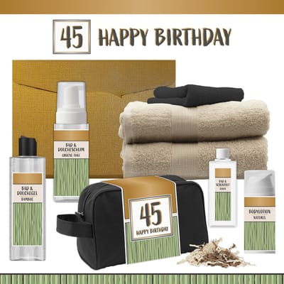 Geschenkset “45 Happy Birthday” - 8 producten - 1140 gram | Luxe wellness Cadeaubox voor Hem Giftset Feestje Verjaardag Vijfenveertig jaar Cadeau Pakket Douche Gefeliciteerd Verjaardagscadeau Man Gift Party Forty-five Years Hartje Goud Groen Beige