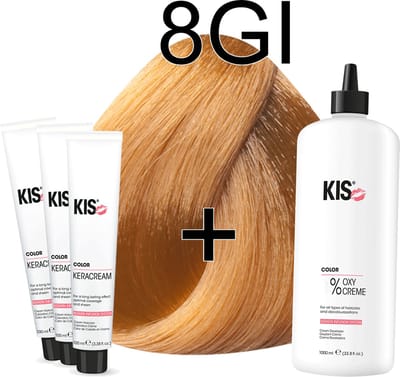 Kis KeraCream Color - 100ml - Haarverf Set - 8GI Licht goudblond intensief | KIS - (3 x haarverf & 1L waterstofperoxide)