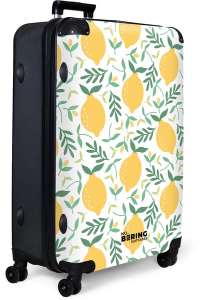 NoBoringSuitcases.com® - Koffer groot - Reiskoffer lichtgewicht - Citroenen en takjes als patroon op witte achtergrond - Rolkoffer met 4 wielen - Grote trolley XL - 98 liter bagage