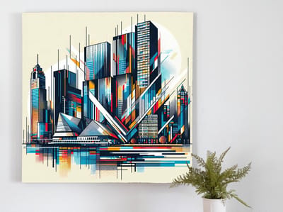 Abstract rotterdam schilderij | Rotterdam's Vibrant Geometric Symphony: A Abstract Urban Masterpiece | Kunst - 60x60 centimeter op Dibond | Foto op Dibond