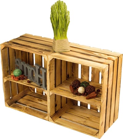 Houten Kisten - Opbergkisten Rekkisten - Opbergen Ordenen - Met Middenplank - 50 x 40 x 30 cm - Natuurlijk Gevlamd
