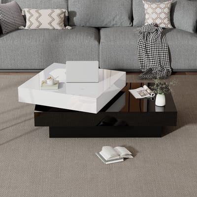 Draaibare Salontafel - 100 x 50 x 35 cm - Zwart-Witte Naad met Hoogglans - Dubbellaags Design - Geschikt voor Woonkamer - Hout - Zwart