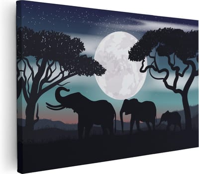 Artaza Canvas Schilderij Olifanten Afrika - 30x20 cm - Klein - Wanddecoratie Dieren - Muurdecoratie Woonkamer - Kamer Accessoires Nacht
