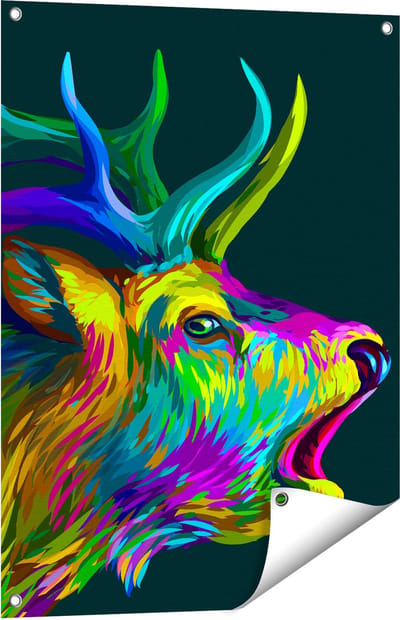 Gards Tuinposter Hertenkop - Hert - Abstract - Kleur - 60x80 cm - Tuindoek - Tuindecoratie - Wanddecoratie buiten - Tuinschilderij