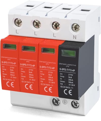 Overspanningsbeveiliging type 1+2 (B+C) 4-polig, ontlading, maximale ontlaadstroom 50 kA, elektrische veiligheid, bescherming tegen bliksem, stroomonderbreking