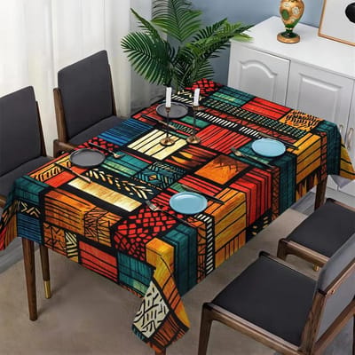 Lange Rechthoekige Levendige Etnische Print Polyester Tafelkleed Ontwerp met Geometrische Patronen in Rood Eettafels, Salontafels 145x180cm