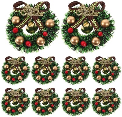 Dailygoods- Kunstkerstkrans Set van 10 - Miniatuur Kerstkransen - Rode Bessen/Belletjes - Kerstdecoratie - Poppenhuis - Handgemaakt - Diameter 5,5-6,1 cm