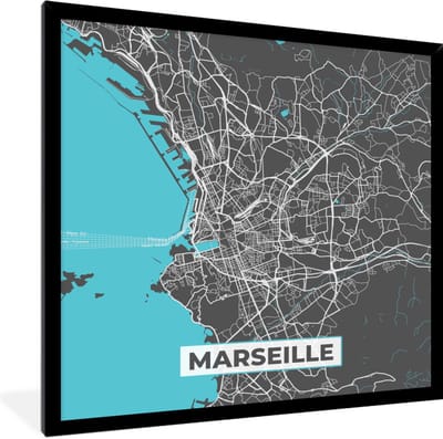 Fotolijst incl. Poster - Marseille - Frankrijk - Kaart - Plattegrond - Stadskaart - 40x40 cm - Posterlijst