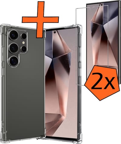 Hoes - Met Screenprotector - 2 Stuks - Geschikt voor Samsung Galaxy S24 Ultra - Sterk & Shockproof - Siliconen Case - Back Cover - Telefoon Hoes - Shock Proof - Transparant