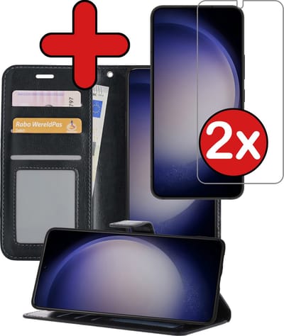 Hoesje - Met 2x Screenprotector - Geschikt voor Samsung Galaxy S23 - Luxe Pasjeshouder - Flip Case - Bookcase Portemonee - Kunstleer Book Case - Flipcase Hoes - Book Cover - Walletcase - Portemonneehoes - Telefoonhoes - Zwart