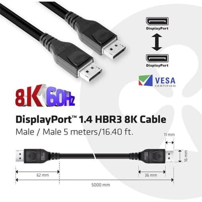 club3D DisplayPort Aansluitkabel DisplayPort-stekker, DisplayPort-stekker 5.00 m Zwart CAC-1061 8K UHD DisplayPort-kabel