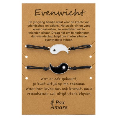 BFF Armbandjes voor 2 met Yin Yang - Zwart / Wit & Zilver - Persoonlijk Cadeau Kaartje - Vriendschap Cadeau - Pax Amare