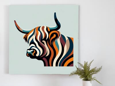 Abstract schotse hooglander schilderij | Majestueuze mystiek: een abstracte interpretatie van de Schotse hooglander | Kunst - 50x50 centimeter op Dibond | Foto op Dibond