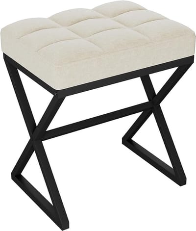 Verte Voetenbankje - Kaptafelkruk - Voetensteun van Linnen - Vierkante Poef met X-vormige Metalen Poten - Make-upkruk voor Kaptafel - Woonkamer - Slaapkamer - Hal - 40×30×46 cm - Beige