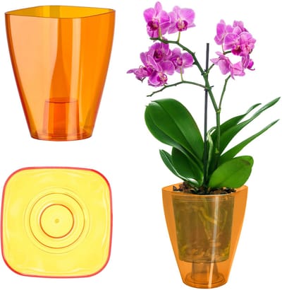 KADAX Bloempot, slanke orchideeënpot, eenvoudige plantenbak, bloempot voor orchidee, Moeras Madeliefjes, plantenbak voor keuken en woonkamer (Ø 12 cm, vierkant, oranje)