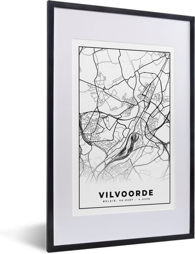 Fotolijst incl. Poster Zwart Wit- Stadskaart – Plattegrond – België – Zwart Wit – Vilvoorde – Kaart - 40x60 cm - Posterlijst