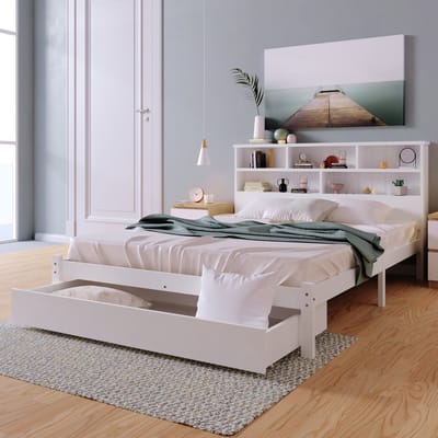MODENUIT Bed 140x200 cm – Tweepersoonsbed met boekenkast-hoofdbord – Lades aan beide zijden – Zonder matras – Wit