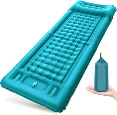 SnelShoppen - Zelfopblazend Luchtbed Eenpersoons 12 cm Dikte met Voetpomp en Kussen, Comfortabel en Stil, Turquoise Blauw voor Camping en Buitenactivi