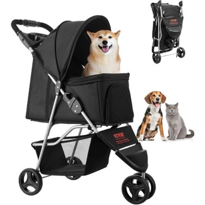 VEVOR Hondenbuggy, draagvermogen 16 kg, opvouwbare dierenbuggy, kattenbuggy met 3 wielen, gaasramen en bekerhouders, hondenbuggy met rem, voor kleine tot middelgrote huisdieren