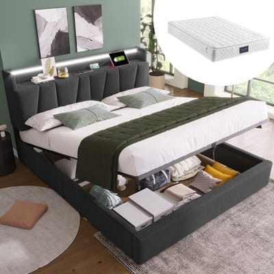DESMIU Gestoffeerd Bed 160x200 cm – Met Matras – Hoofdbord met Oplaadpunten en Ledverlichting – Opbergruimte – Tweepersoons Slaapkamer – Linnen – Grijs
