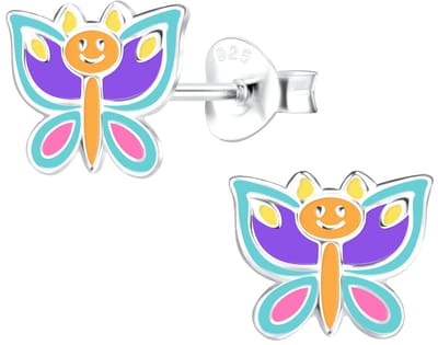 Joy|S - Zilveren vlinder oorbellen - 8 x 7 mm - turquoise roze paars geel