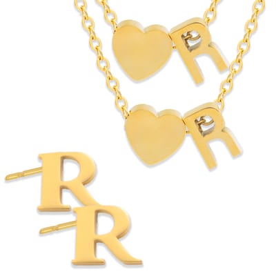 Initiaal Ketting & Armband & Oorbellen set met Letter R Goudkleurig - Stainless Steel - Met letter & Hartje! - 3x Sieraden Cadeau - Pax Amare