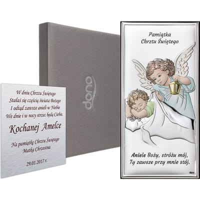 Zilveren gekleurd plaatje engeltje herinnering aan de Heilige Doop met het gebed  engel Gods...  DS01C 5 x 10 cm
