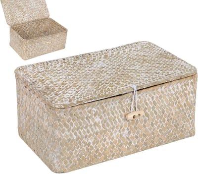Witte rechthoekige opbergmand van zeegras met deksel, rieten speelgoedopbergmand, multifunctionele opbergoplossing voor huis en tuin