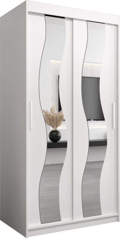 InspireMe - Kledingkast met 2 schuifdeuren, Modern-stijl, Een kledingkast met planken en een spiegel (BxHxD): 100x200x62 - REESE 100 Wit Mat