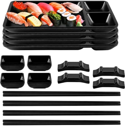 Dailygoods- Sushi Set 16-delig - Zwart Melamine - 4 Sushi-borden - 4 Dipschalen - 4 Paar Sushi-stokjes - Antislip Punt - Sushiservies