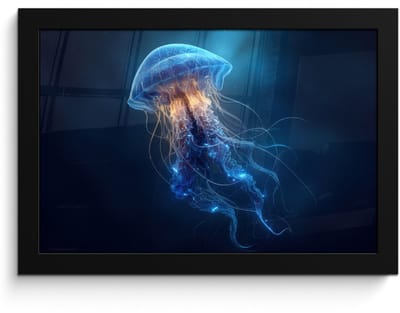 Poster in lijst - Fotolijst 30x20 cm - Posters - Kwal - Lichtgevend - Tentakels - Blauw - Posterlijst zwart - Decoratie - Wanddecoratie woonkamer - Muurdecoratie slaapkamer