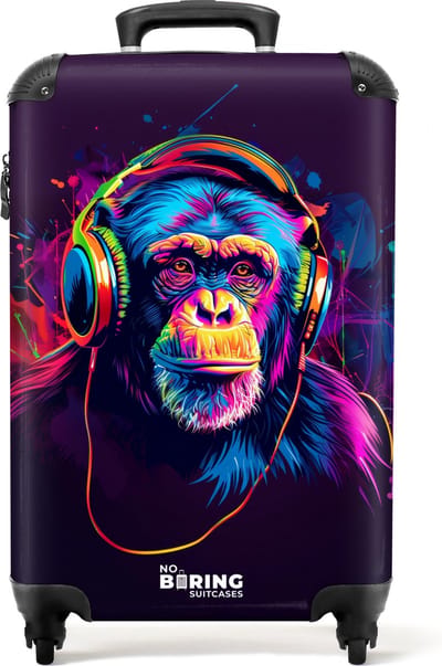 NoBoringSuitcases.com® - Kinderkoffer - Kindertrolley - Chimpansee met koptelefoon in neonkleuren - Handbagage koffer lichtgewicht - Reiskoffer trolley - Rolkoffer met wieltjes - Past binnen 55x40x20 en 55x35x25