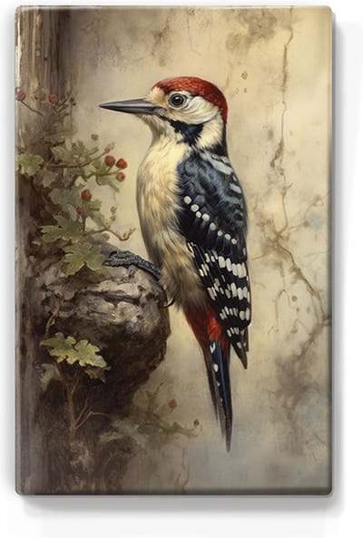 Bonte specht - Laqueprint - 19,5 x 30 cm - Niet van echt te onderscheiden handgelakt schilderijtje op hout - Mooier dan een print op canvas. - LP355
