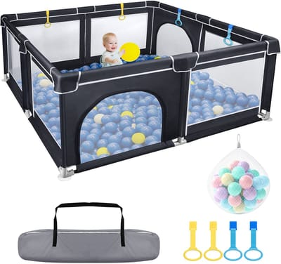 Froadp 150 x 180 cm x 68 cm Babybox Opbouwbare kinderbox Kruiphek Babybox Met accessoires en handtas, zwartgrijs