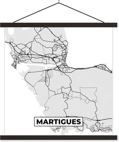 Posterhanger incl. Poster 60x60 cm - Schoolplaat - Kaart – Stadskaart – Frankrijk - Martigues - Plattegrond - Textielposter - Zwarte latten - Stadskaart
