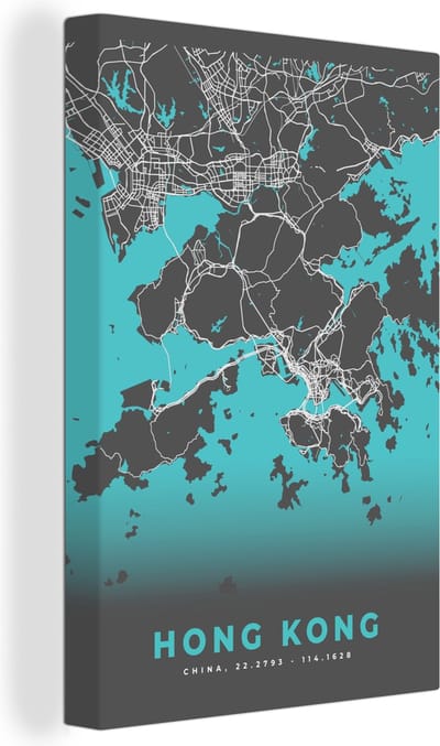 Canvas Schilderij Hong Kong - Stadskaart - Plattegrond - Kaart - Blauw - 20x30 cm - Wanddecoratie