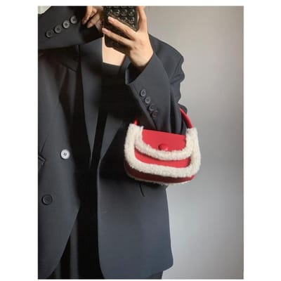 Lamsvacht Splicing Kleine Glijtas voor Vrouwen Tijdens Het Nieuwjaar Rood Handheld Vierkant Tas Veelzijdige Ins Zadel Tas gray