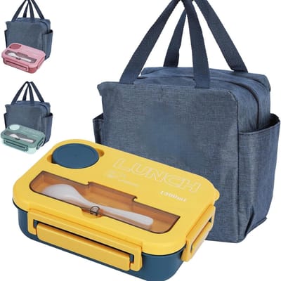 Famanu - Bento Boxes met bestekset en tas voor school (blauw+geel)
