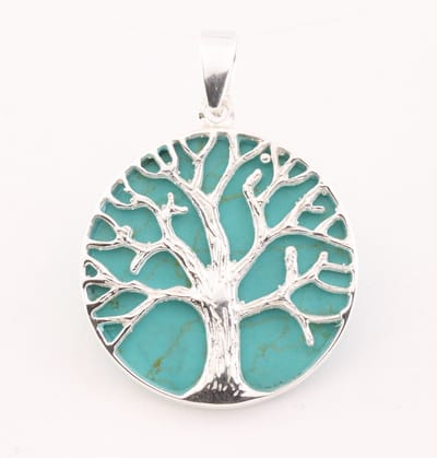 Ronde zilveren hanger met levensboom op groene turkoois
