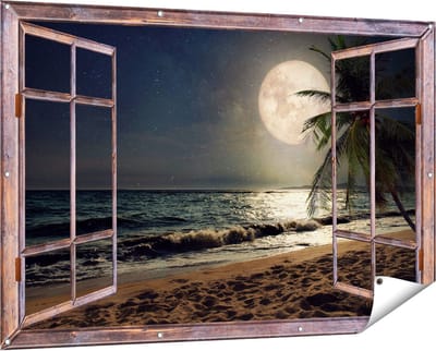 Gards Tuinposter Doorkijk Tropisch Strand in de Nacht met Volle Maan - 150x100 cm - Tuindoek - Tuindecoratie - Wanddecoratie buiten - Tuinschilderij