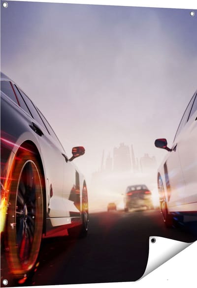 Gards Tuinposter Twee Raceauto's - Blauw Tegen Rood - 80x100 cm - Tuindoek - Tuindecoratie - Wanddecoratie buiten - Tuinschilderij