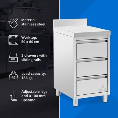 RVS keukenkast met werkblad - 50 x 60 cm - 186 kg - 3 lades - met opstand - Royal Catering RCCD-3