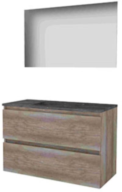 Basic-Line Ultimate 46 Badkamermeubelset - 100 x 46 cm - Greeploos - 2 Lades - Hardstenen Wastafel - Zonder Kraangat - Spiegel met Indirecte LED Verlichting - Scotch Oak